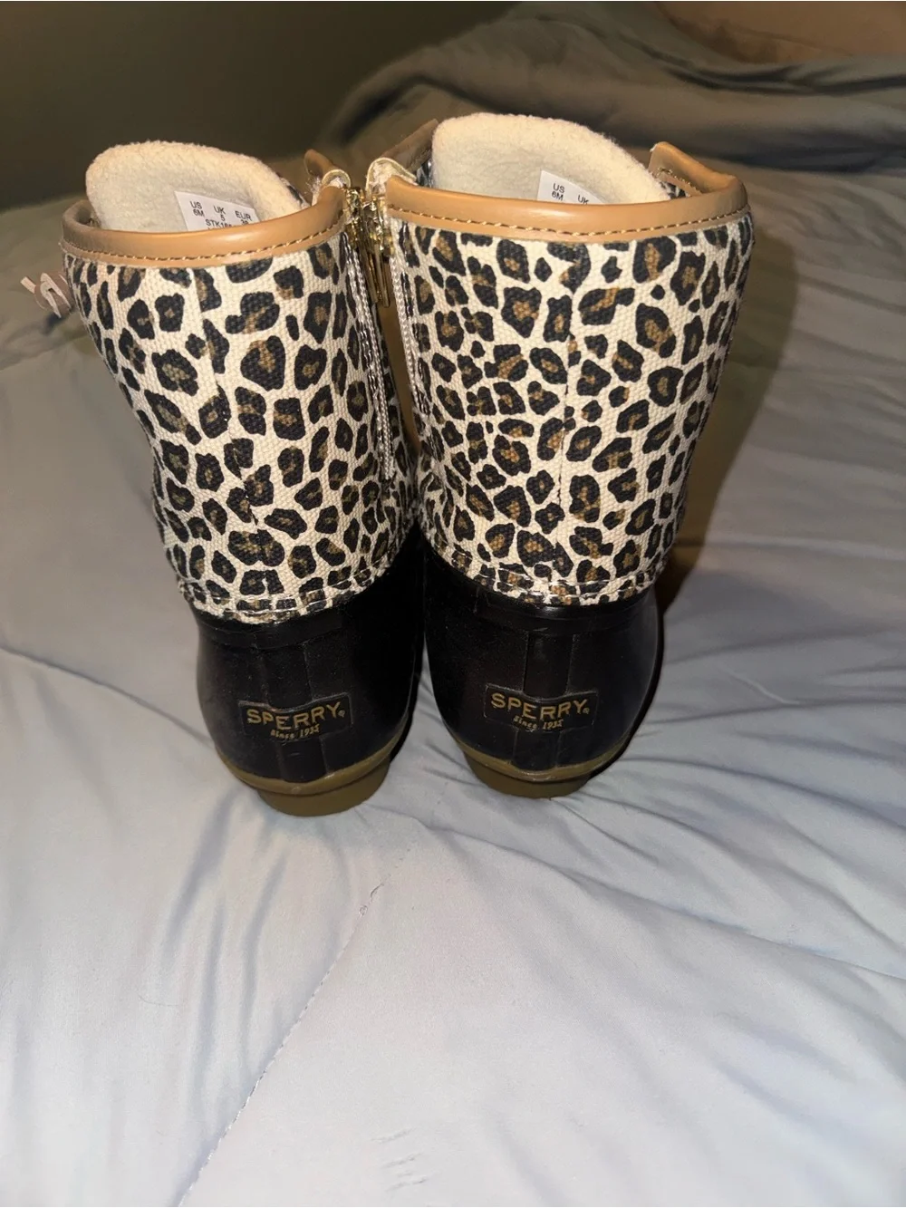 Sperry Leopard Print Duck Boots with Black Rubber Toe and Tan Accents